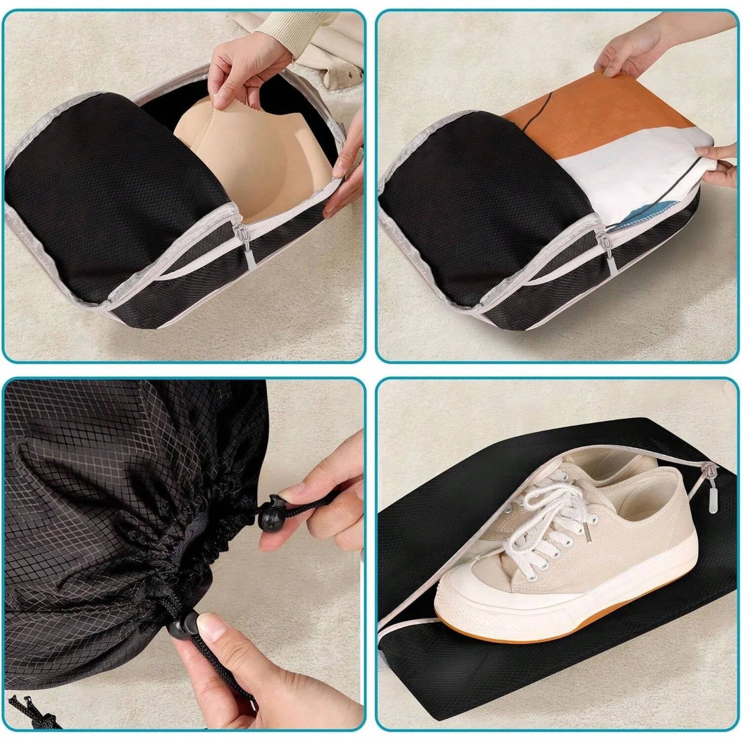 6-Piece Compressible Waterproof Nylon Packing Cubes Set – Portable Travel Storage Bags with Handbag Luggage Organizer