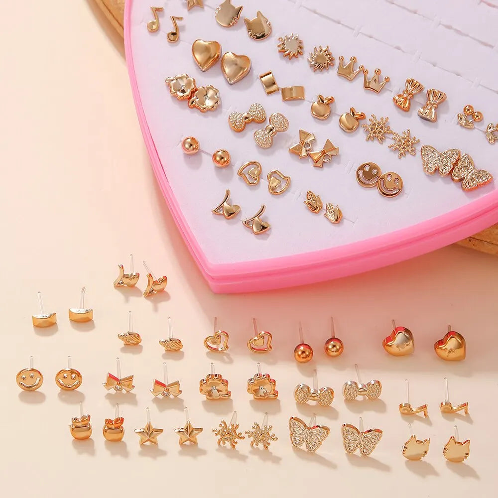 Random 36 Pairs/Lot Lovely Mini Earring Set - Cute Snowflakes, Cat, Butterfly Stud Earrings for Girls' Fashion Daily Ear Jewelry