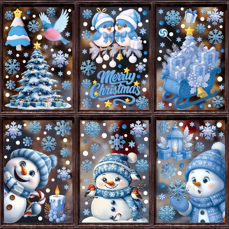 Christmas Blue Snowman Window Stickers – Santa, Snowflake, Bird & Elk Ornaments for Merry Christmas 2025 and Happy New Year 2026