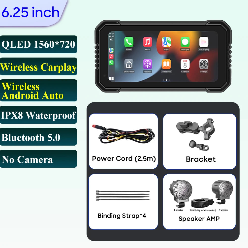 6.25-Inch Motorcycle GPS Navigation Screen with Wireless CarPlay & Android Auto – 1560x720 Resolution, Motor DVR Monitor, TPMS Optional