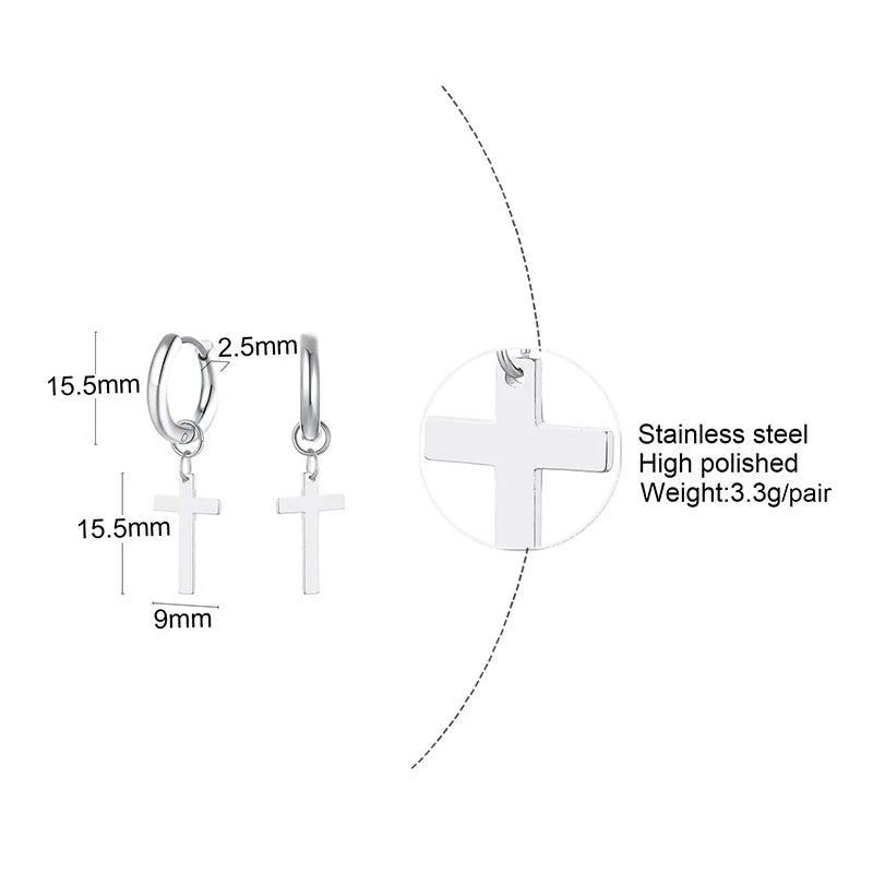 Stainless Steel Cross Charm Earrings - Men's Fashion Jewelry