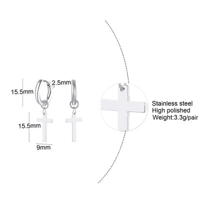 Stainless Steel Cross Charm Earrings - Men's Fashion Jewelry
