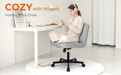 Adjustable Criss Cross Legged Armless Desk Chair - Ergonomic Swivel Reading Chair with Wheels for Bedroom Vanity
