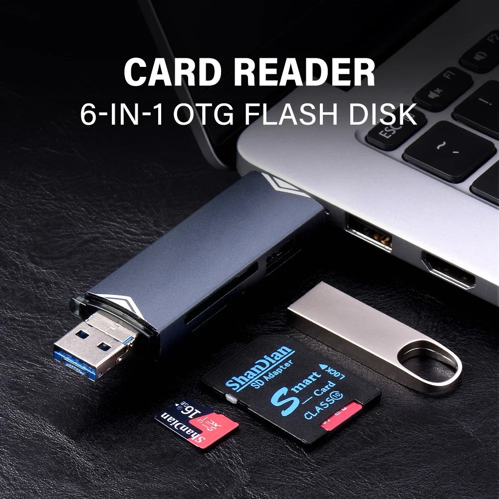JASTER 6-in-1 USB 3.0 Card Reader – Type-C/USB TF/SD Adapter Flash Drive for Phone & Laptop