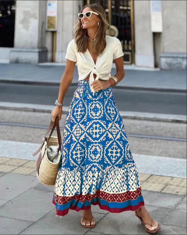 Women’s Boho Printed Midi Swing Skirt – Elastic Waist Spliced A-Line Beach & Casual Daily Wear Skirt
