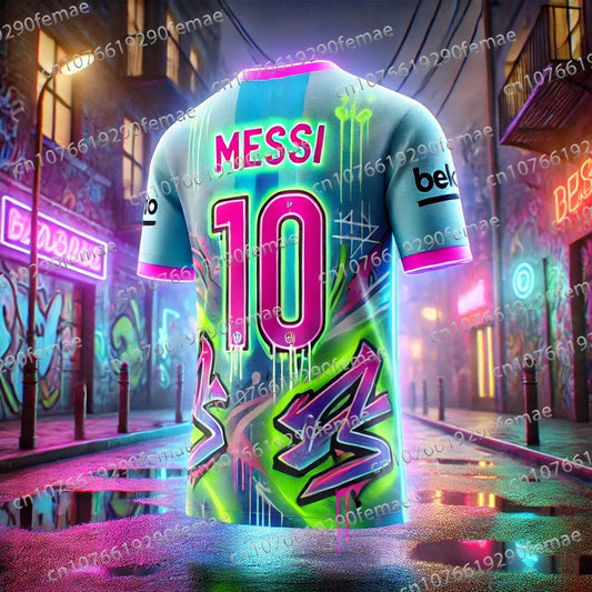 Men's Messi Pattern Printed Football Shirt – Breathable, Sweat-Wicking, Quick-Drying Sports T-Shirt