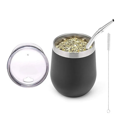 Double-Wall Stainless Steel Yerba Mate Tea Set - Gourd-Shaped Coffee Cup with Lid, Spoon, Straw, Bombilla Head Filter, and Brush