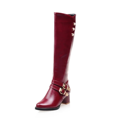 Women's Knee High Riding Boots - Winter Glamour Brown Red Chunky Heel Fashion Boots Plus Size Footwear