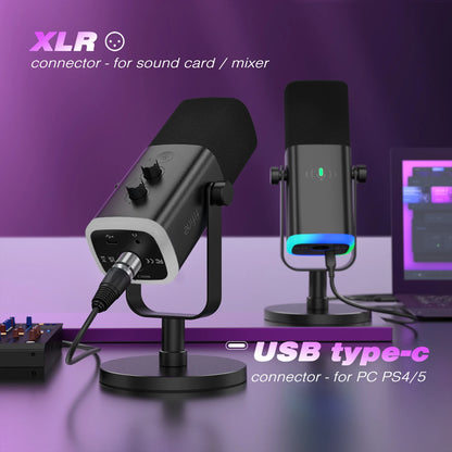 FIFINE AM8 USB/XLR Dynamic Microphone with Touch Mute, Headphone Jack & I/O Controls for PC, PS5/PS4, Gaming & Mixer