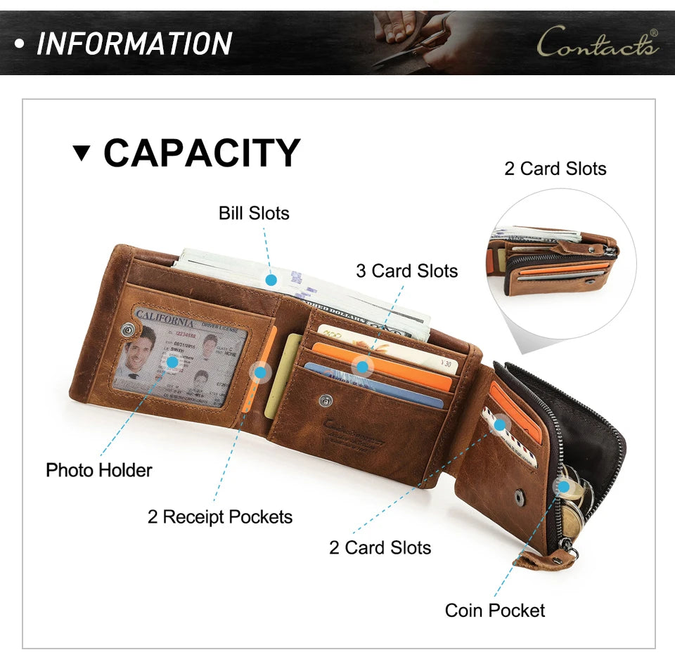 CONTACT'S Genuine Crazy Horse Leather Trifold Wallet – Vintage Men's Cowhide Wallet with Zip Coin Pocket