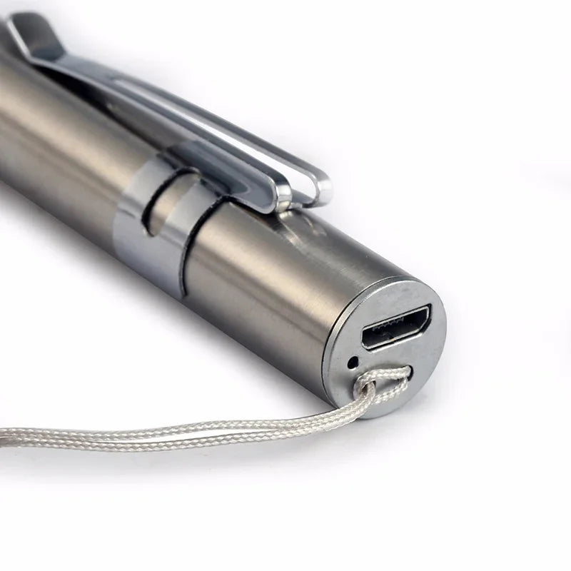 Mini Portable LED Pen Light — USB Rechargeable Medical Flashlight with Stainless Steel Clip for Dentist & Nurse Use