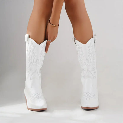 Plus Size 43 Women’s White Cowboy Boots – High-Quality Mid-Calf Block Heel Western Vintage Country Concert Shoes