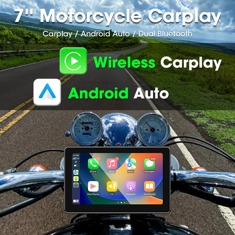 7-Inch Motorcycle GPS Navigation with Wireless Apple CarPlay & Android Auto – Waterproof Touchscreen Display, BT Connectivity, IPX7