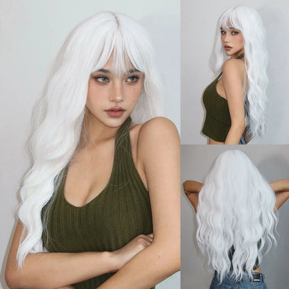 Light Green Long Wavy Synthetic Wig with Bangs – Blackish Green Cosplay & Lolita Style, Heat-Resistant for Women