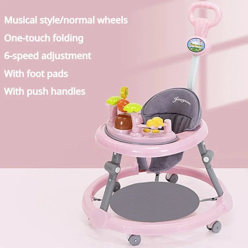 Baby Activity Walker with Music & Lights – Removable Footrest, Toy Rack, Feeding Tray, One-Hand Folding Portable Infant Chair