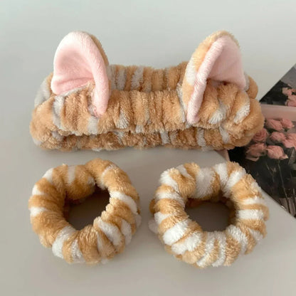 Cute Cat Ear Leopard Plush Headband Set - 3PCS Spa, Face Washing and Makeup Hair Accessories