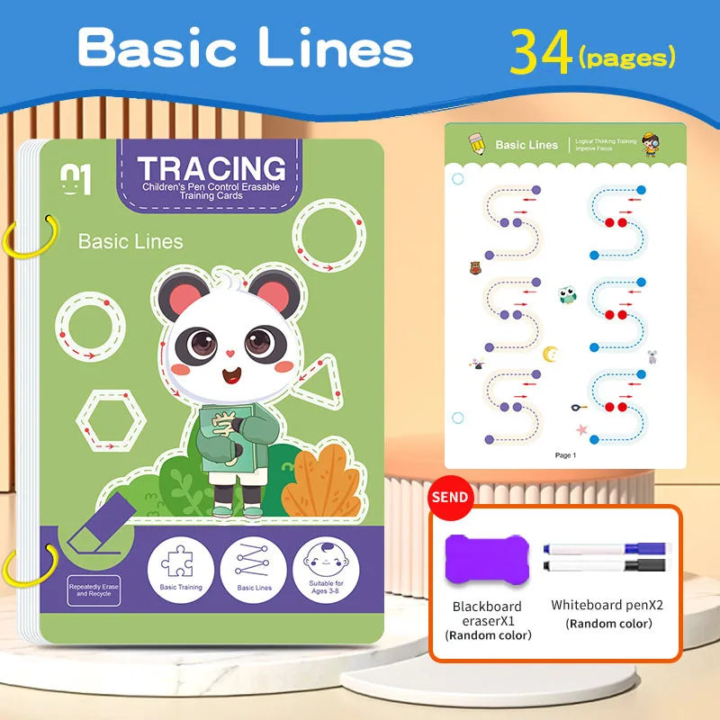 34-Page Reusable Kids Writing Practice Book Set - Erasable Pen Learning Books for Writing and Drawing Skills