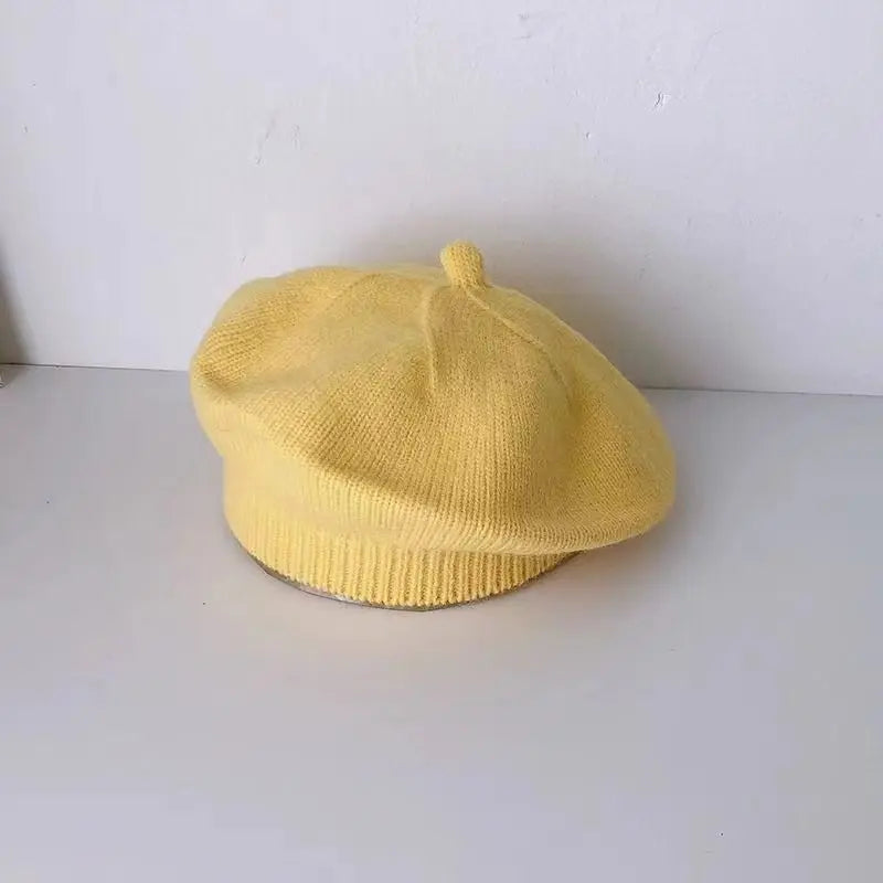 Flower Baby Beret Hat – Winter Warm Knitted Beanie for Infant & Toddler Girls, Korean Princess Artist Painter Cap Solid Color