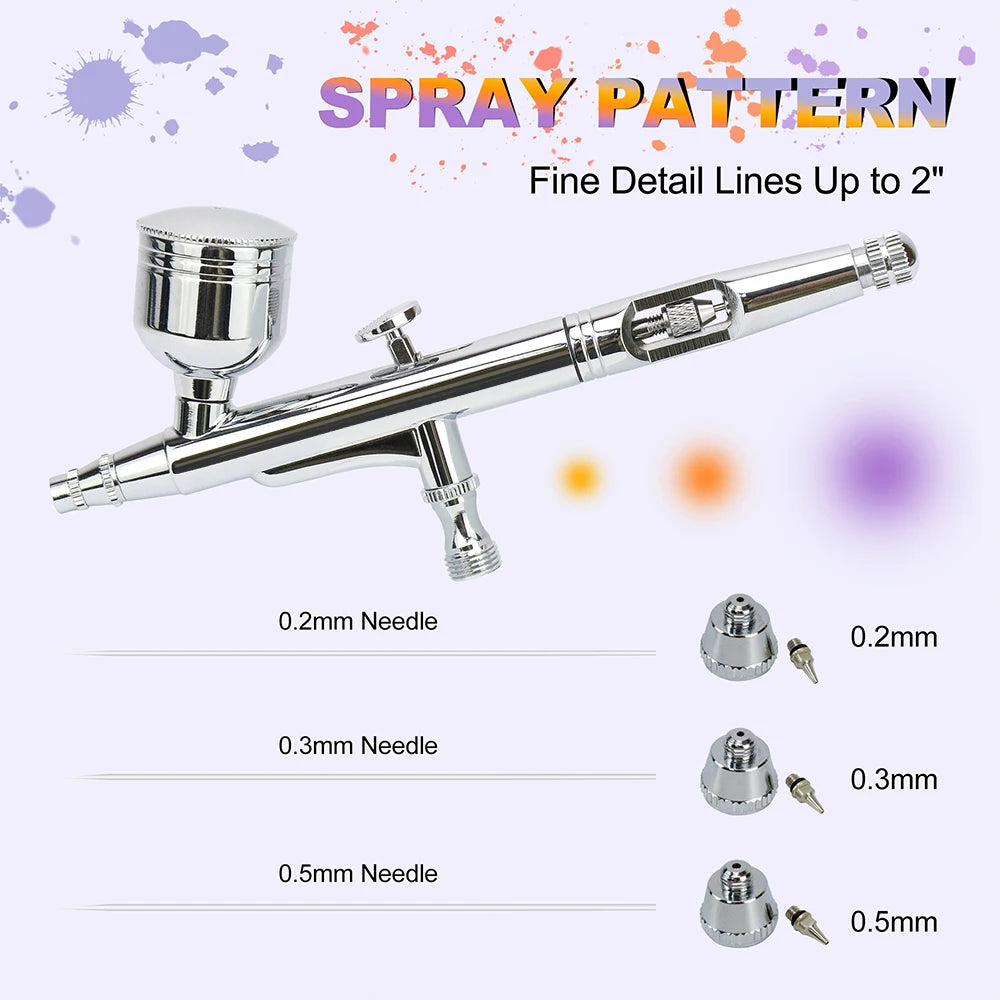 Dual-Action Gravity Airbrush Kit with 0.2/0.3/0.5mm Needles, 7/20/40cc Cups & Cleaning Tools for Makeup, Nail Art, Painting & Car Detailing