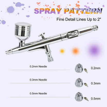 Dual-Action Gravity Airbrush Kit with 0.2/0.3/0.5mm Needles, 7/20/40cc Cups & Cleaning Tools for Makeup, Nail Art, Painting & Car Detailing