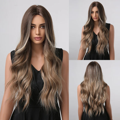 ALAN EATON Black Long Wavy Synthetic Wig – Natural Afro Hair, Middle Part, Heat-Resistant Fiber for Daily Use