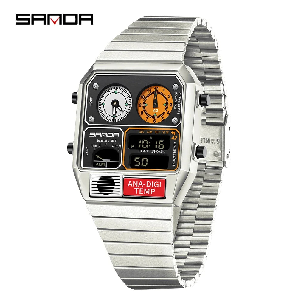SANDA 3192 Men's LED Square Watch with Thermometer, Stopwatch & Chronograph – Multi-function Casual Timepiece for Youth   2/2