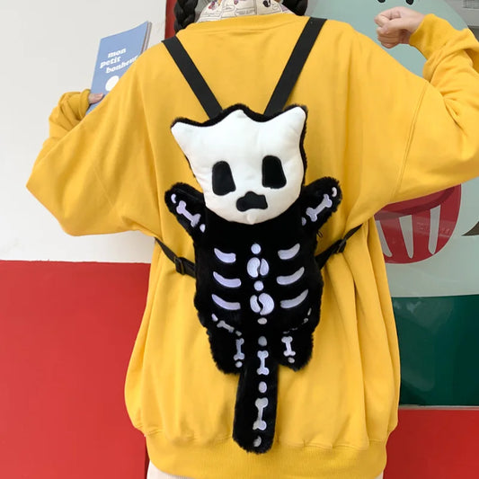Skull Plush Gothic Backpack – Furry Winter Water Bottle Bag, Skeleton Doll Shape for Women, Birthday Gift