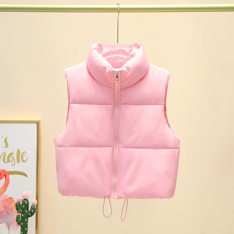 Winter Sleeveless Down Vest for Women – Warm Stand Collar, Zipper Jacket, Quilted Cropped Casual Street Outerwear