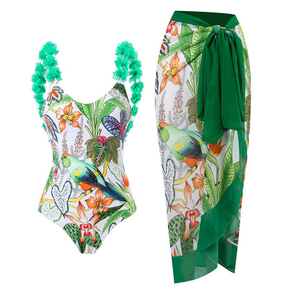 Blue One-Shoulder Ruffle Floral Monokini Swimsuit with Cover Up Sexy One Piece Beach Swimwear for Women Summer