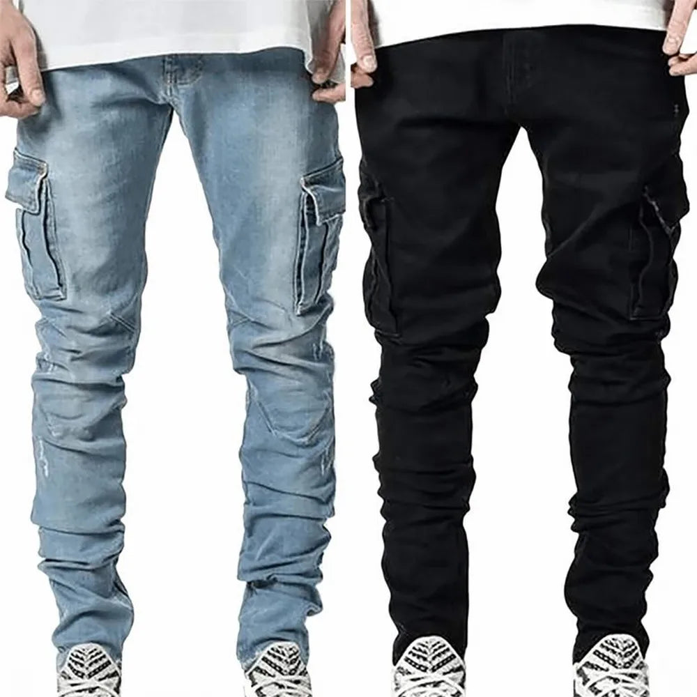 Men's Elastic Denim Cargo Pants - Casual Mid-Waist Jeans with Multi Pockets, Slim Fit Daily Wear Joggers in Solid Color