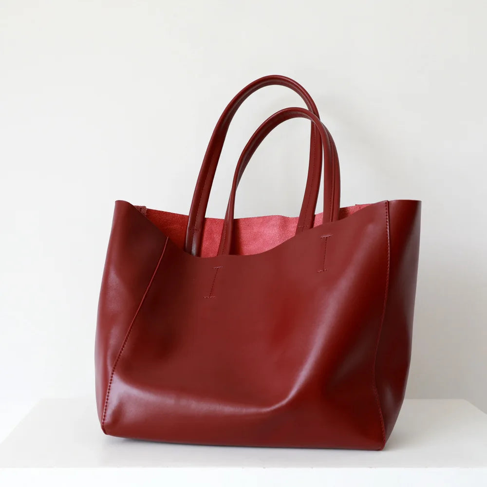 Customizable Name Large Capacity Commuter Bag – 100% Genuine Leather Soft Tote, Single Shoulder & Diagonal Shopping Bag