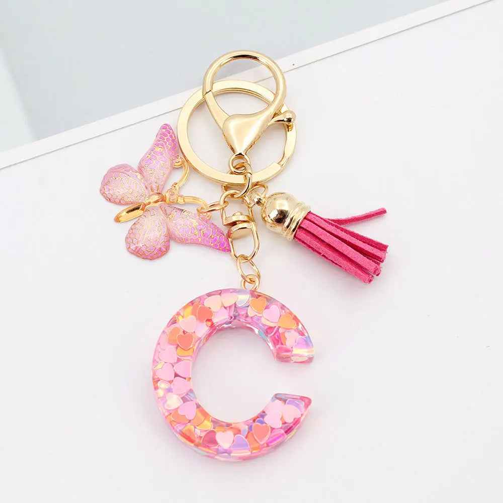 A-Z Letter Acrylic Keychain - Pink Butterfly Tassel Bag Charm & Key Ring