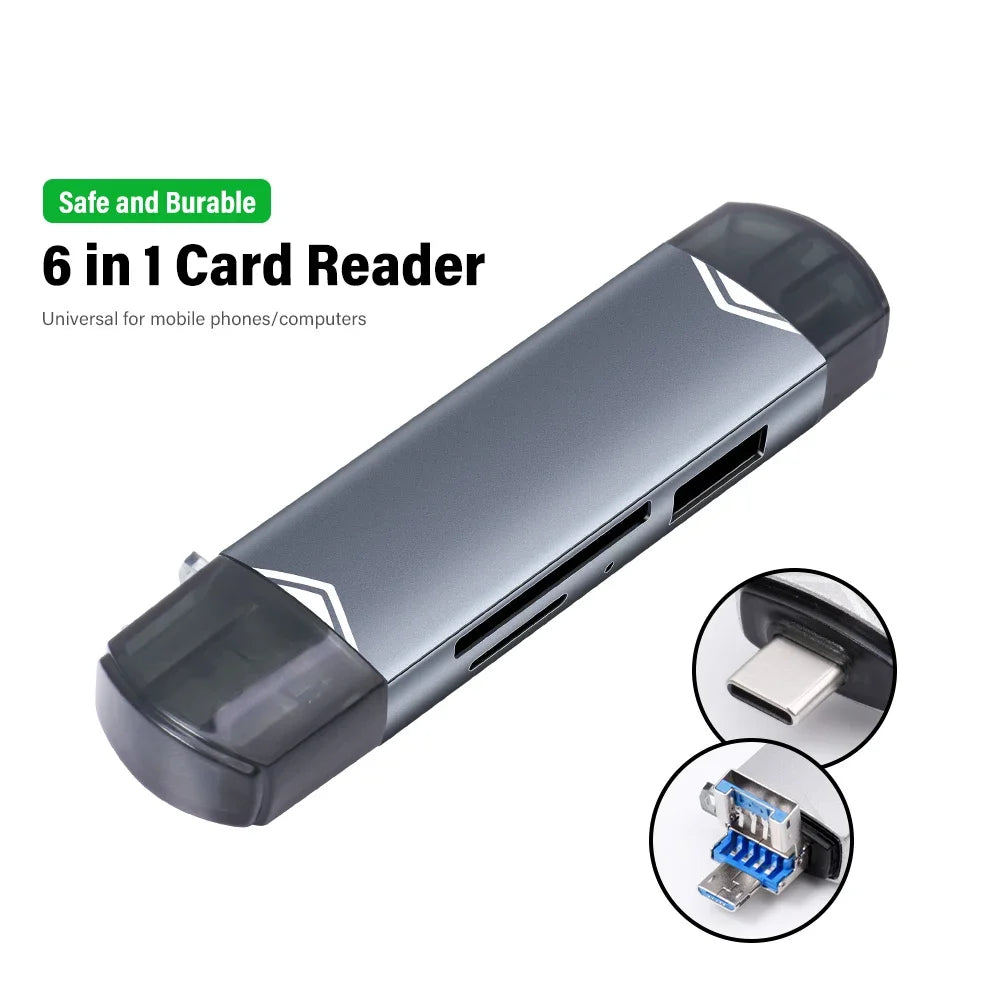 JASTER 6-in-1 USB 3.0 Card Reader – Type-C/USB TF/SD Adapter Flash Drive for Phone & Laptop