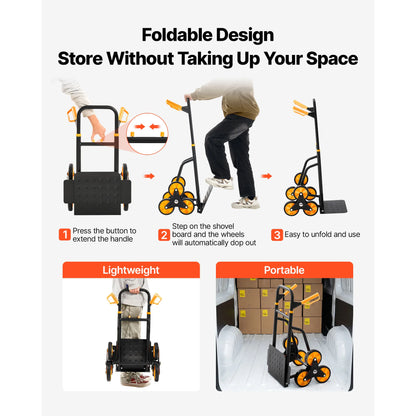 Stair Climbing Cart - Folding 6-Wheel Grocery Trolley with Telescoping Handle & Bungee Cords