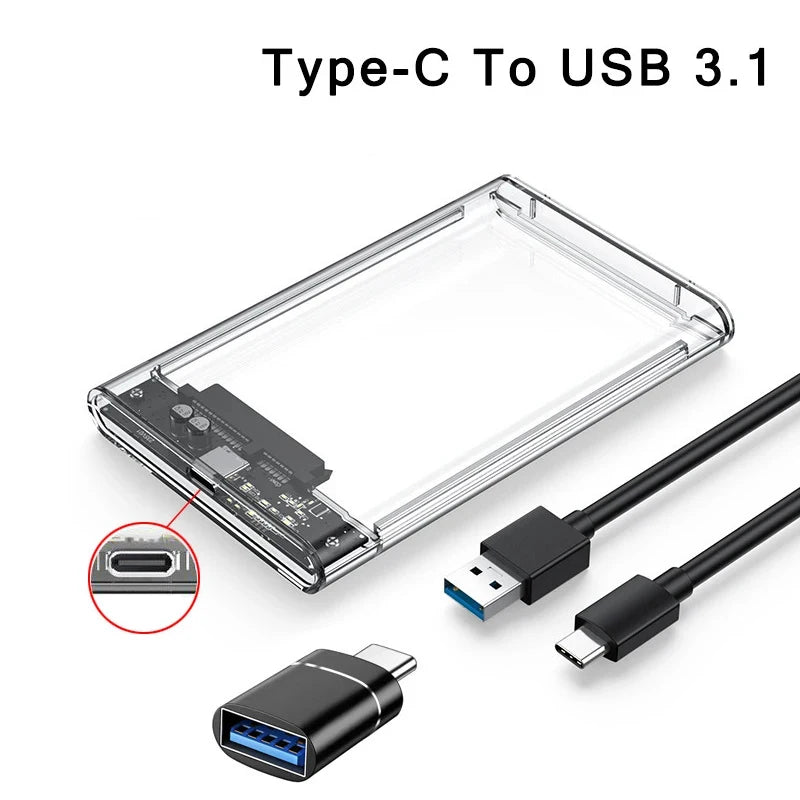 Clear 2.5 Inch SATA SSD HDD Enclosure - USB 3.0 Type-C External Hard Drive Case with UASP Support