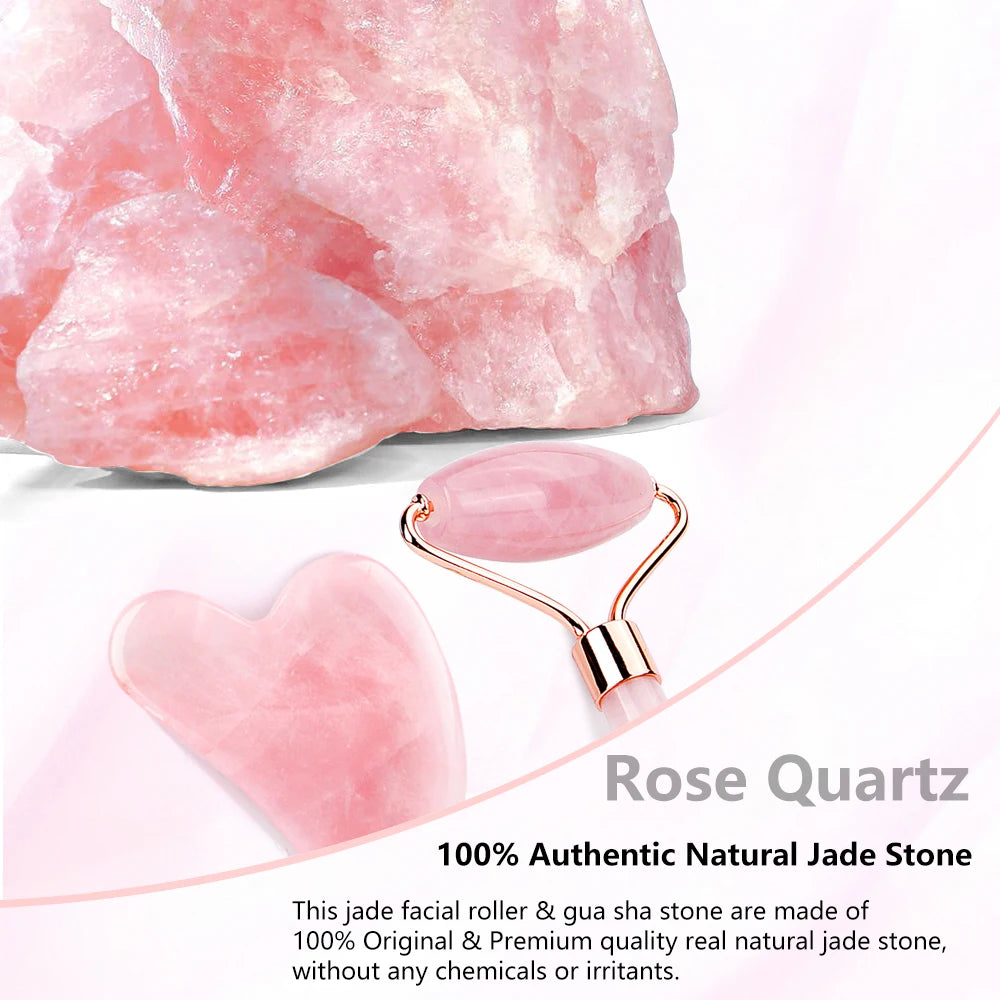Rose Quartz Jade Roller & Gua Sha Set: Natural Facial & Body Massager for Face Lifting - Beauty Massage Tools with Jade Stone