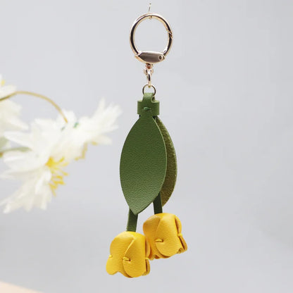 Genuine Leather Flower Bag Pendant Keychain – Original Handmade Osmanthus & Tulip Design, Exquisite Floral Charm for Bags & Accessories