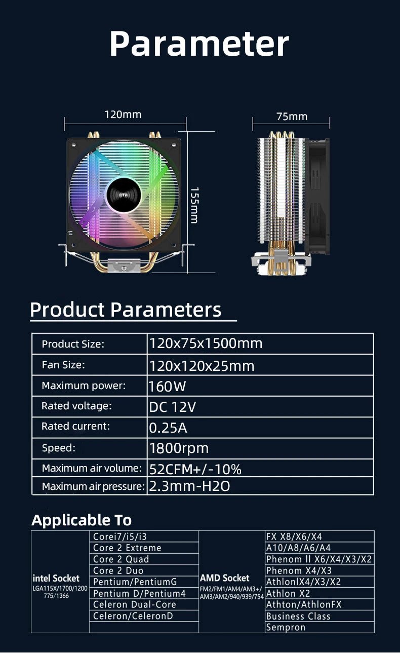 TEUCER CPU Cooler — 4 Heat Pipe Radiator with 3-Pin PWM Silent RGB Fan for Intel LGA 1700/1150/1155/1156/1366 & AMD AM2/AM3/AM4