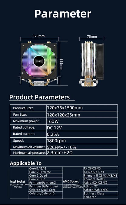 TEUCER CPU Cooler — 4 Heat Pipe Radiator with 3-Pin PWM Silent RGB Fan for Intel LGA 1700/1150/1155/1156/1366 & AMD AM2/AM3/AM4