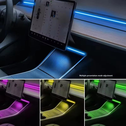 2-in-1 Dynamic Neon RGB Car LED Ambient Lighting – Auto OFF 60s Module for Tesla Model 3 & Y Dashboard Decoration