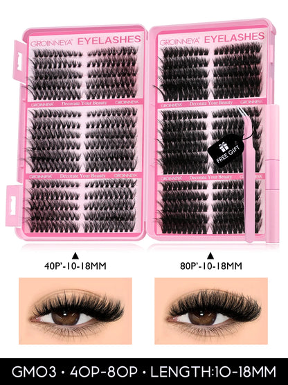GROINNEYA Cat Lash Clusters Kit – 640pcs with Lash Bond & Seal, DIY Eyelash Extensions for Home Use