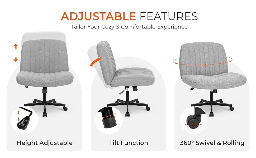 Adjustable Criss Cross Legged Armless Desk Chair - Ergonomic Swivel Reading Chair with Wheels for Bedroom Vanity