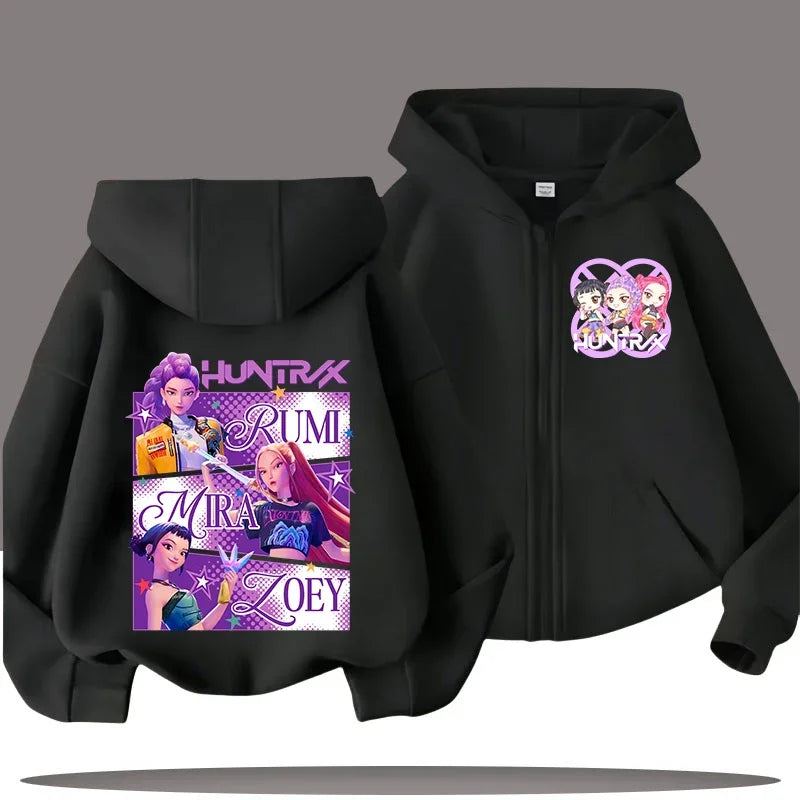 Funny Kpop Demon Hunters Zip-Up Sweatshirt – Kids Hoodie for Girls & Boys, Casual Zipper Hoody Top