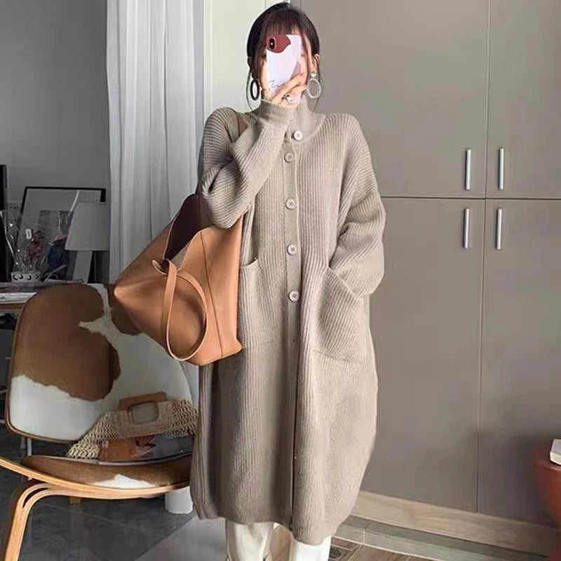 Women's High Neck Knitted Cardigan – Single Breasted Long Sleeve Mid-Length Sweater Jacket for Spring & Autumn