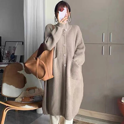 Women's High Neck Knitted Cardigan – Single Breasted Long Sleeve Mid-Length Sweater Jacket for Spring & Autumn