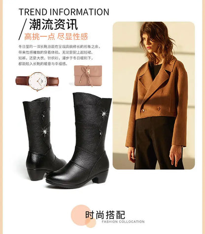 2024 Women’s Fashion Mid-Calf Boots – Waterproof Leather, Anti-Slip Zipper Winter Footwear