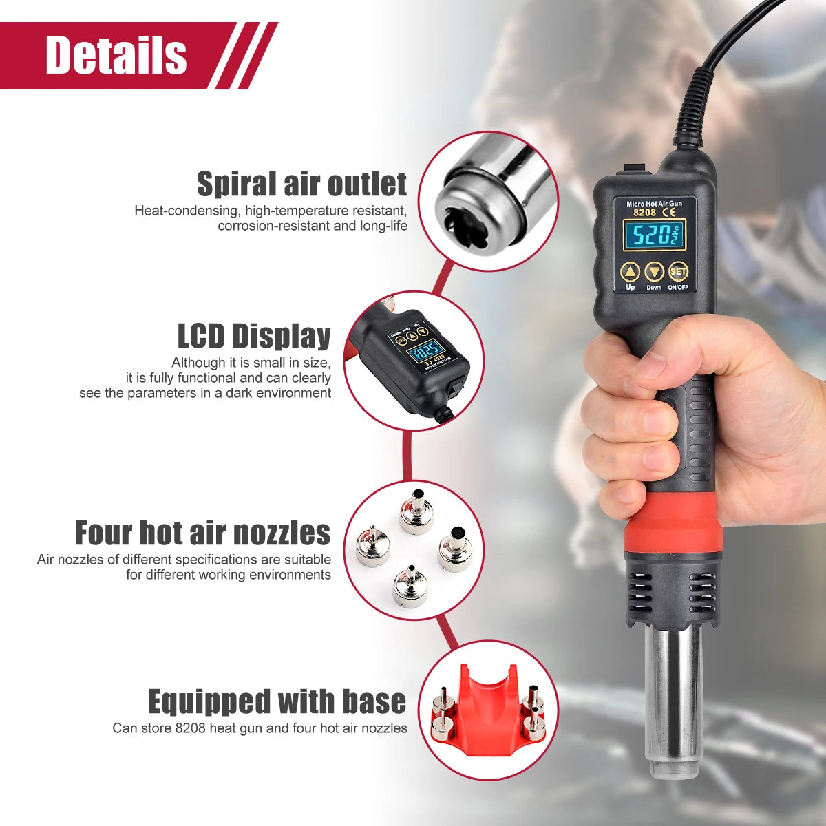 JCD Micro Hot Air Gun 8208 – 750W Soldering & Welding Rework Station, LCD Display All-in-One Heat Gun for BGA & IC Soldering