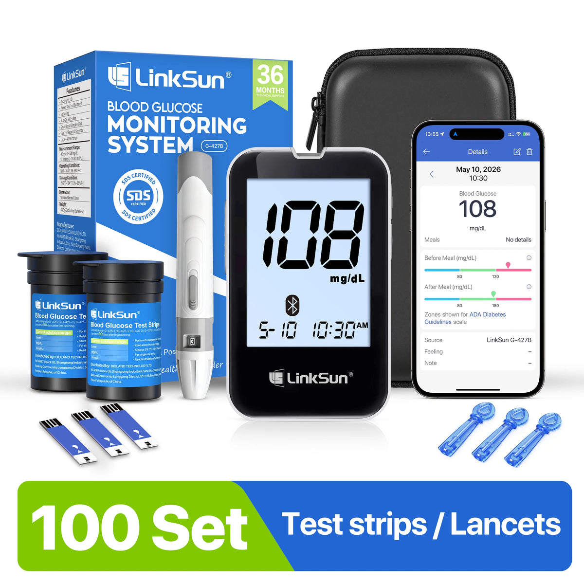 LinkSun G-427B Bluetooth Blood Glucose Meter Kit - Digital Diabetes Monitor with Large Display and 50 or 100 Test Strips