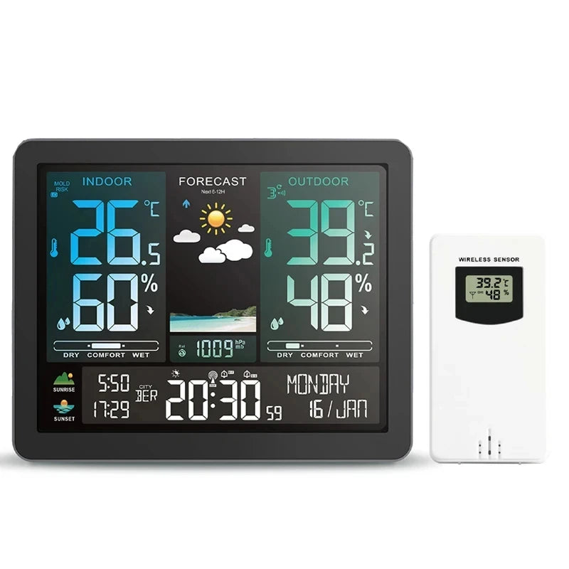 Digital Weather Station Clock - Indoor/Outdoor Temperature & Humidity Meter with Weather Forecast Wireless Table Clock