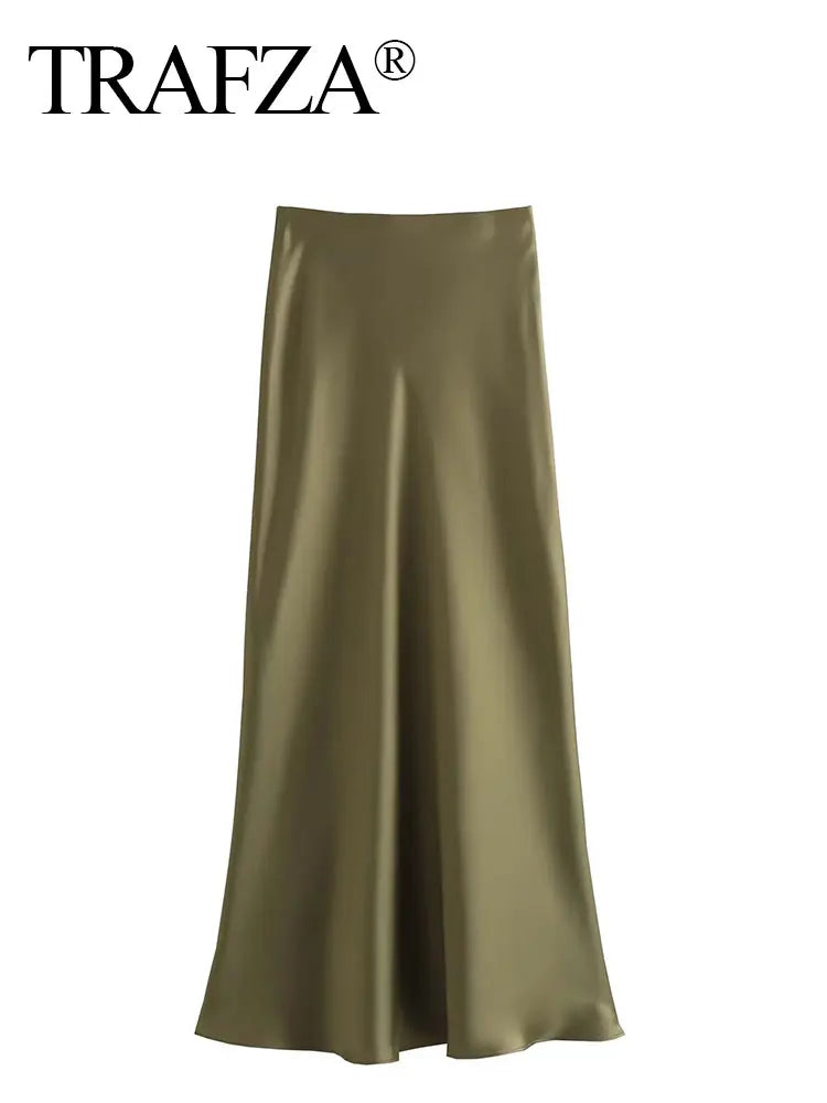 TRAFZA 2024 Y2K Women’s Long Skirt – Elastic High-Waist A-Line Satin Skirt for Spring Casual & High Street Fashion
